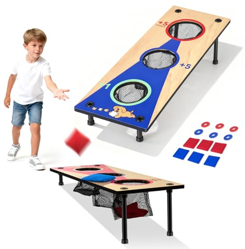 Pikasser Cornhole Set für Erwachsene und Kinder, MDF-Holz-Set mit 2 Brettern (66 x 25 cm) und 6 Sandsäcken und 6 Unterlegscheiben, Wurfspiel für drinnen und draußen, Hinterhof