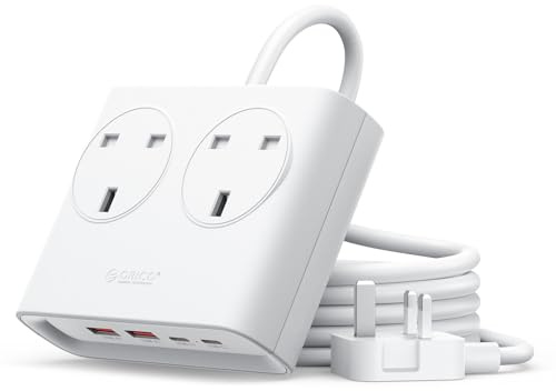 ORICO PD 20W Extension Lead with USB Slots, 2 Way Extension Socket with 2 USB C and 2 USB A, 1.6m Extension Cable, 13A 3250W Desk Power Strip for Bedroom Office Accessories-White