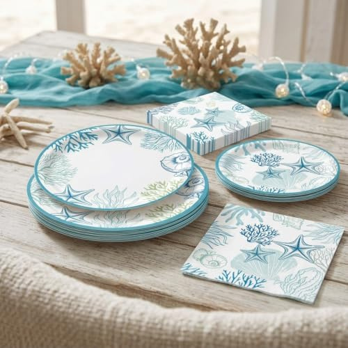 Ocean Seashell Beach Party Decorations Under The Sea Disposable Plates | Plates Napkins for Birthday Baby Bridal Shower Wedding Supplies 16 Guests