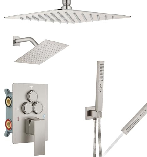 MYXJGNAIY Duscharmatur-Set zur Deckenmontage mit Druckknopf-Umsteller, 10 und 6 Doppelduschkopf, 2-in-1-Handbrause, Unterputzventil und Duscharmatur-Set, gebürstetes Nickel