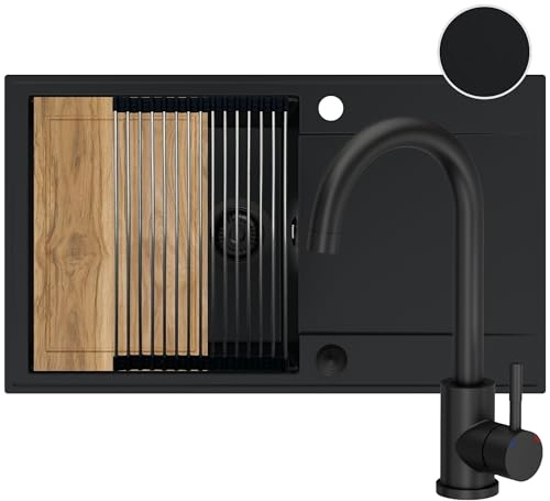 SINK QUALITY Spülbecken schwarz mit Armatur Set 78x46 cm - Spüle mit Wasserhahn, Schneidebrett, Siphon PUSH schwarz, Abtropfgestell, Imprägniermittel - Küchenspüle Komplettset für 60er Unterschrank