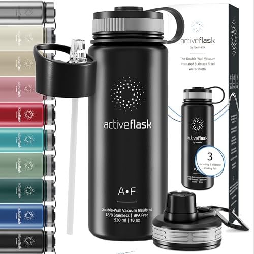 Gourde Inox Isotherme ACTIVE FLASK 1l/500ml sans BPA + Paille (3 Bouchons) | Bouteille d’eau Acier Inoxydable Isolée, Thermos Réutilisable | Camping Velo Sport Running Randonnée Enfant, Café The