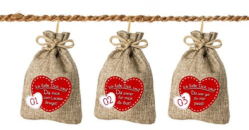 24 Adventskalender Säckchen aus Jute (10x15 cm) mit 24 Gründen Ich liebe Dich, weil ... - (für Erwachsene Männer & Frauen) mit Kokosschnur für Weihnachtskalender / Adventskalender zum Befüllen