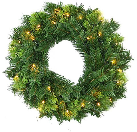 SHATCHI 55cm Christmas Wreath Pre Lit with Various Tips Decorated Christmas Lightings Fireplace Home Wall Door Decorations Outdoor Battery Box Indoor, 20 Warm White LED Lights