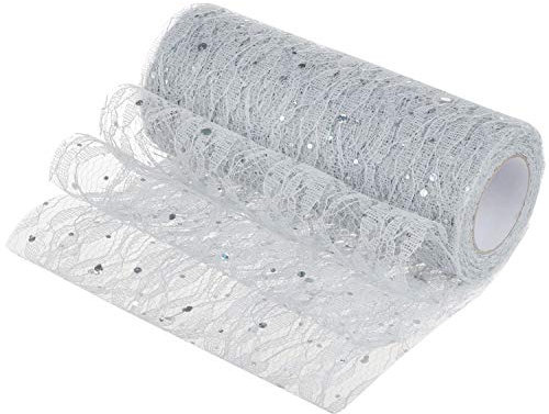 TsunNee Lace Chair Sash, Spitzen Tischläufer, Tutu Material, Spitzenschleife für Hochzeitsstuhl Tischdekoration, 15cm x 9,1m, Pailletten, Silber