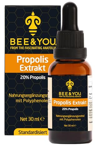 BEE&YOU Propolis Tinktur Tropfen 20% (30ml) standardisiert, Zusatzstoffe, Propolis Extrakt reich an nützliche Polyphenole und Flavonoide, in Müsli und Joghurt mischen