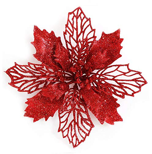 GL-Turelifes 12 Stück 16,3 cm Glitzer-Weihnachtsblumen, roter Weihnachtsstern, künstliche Blumen, Weihnachtsbaum, Blumenkranz, Baumschmuck mit 12 grünen Blumenstielen