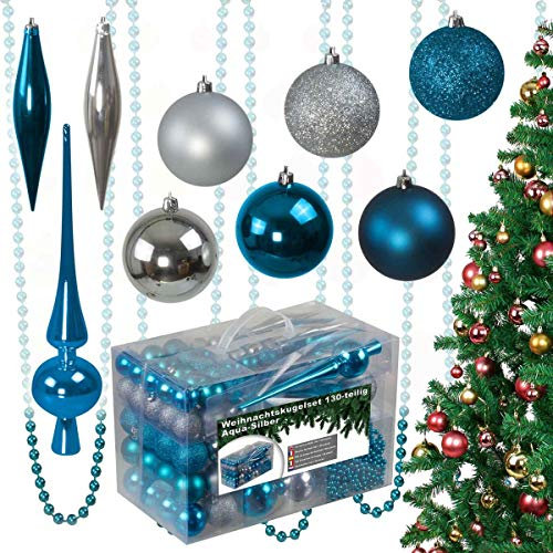 130-teiliges Weihnachtskugeln Set aus Kunststoff - Christbaumschmuck Baumschmuck in Glänzend Glitzernd Matt, Aqua/Silber