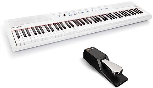 Alesis Recital E Piano Weiß + M-Audio SP-2 Sustain Pedal - 88-Tasten Digitalpiano mit eingebauten Lautsprechern und Universal Sustain Pedal mit Piano Style Action