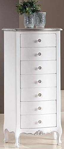 Casa Padrino Luxus Barock Kommode Weiß/Silber 54 x 35 x H. 110 cm - Edler Massivholz Schrank mit 7 Schubladen - Luxus Qualität - Barock Möbel