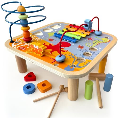 Bee Smart Toys Wooden Activity Table - 5-in-1 Play | Learning Toddler Activity Table | Xylophone, Bead Maze, Hammer Bench, Shape Sorter | Kids Activity Montessori Educational Toy Gifts for Boys/Girls