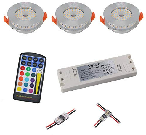 VBLED 3er Set RGB+WW LED Einbauleuchten 12VDC 6W inkl. Infrarot-Fernbedienung und Netzteil