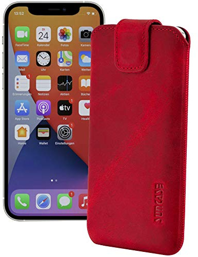 Suncase ECHT Ledertasche Leder Etui kompatibel mit iPhone 12 Pro (6.1) (mit Rückzugsfunktion und Magnetverschluss) antik rot