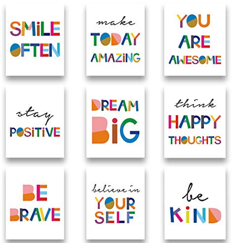 HPNIUB Watercolour Words Inspirational Quote Kids Wall Art Typography Wall Art Set of 9 (8”X10”) Canvas Painting,Motivational Poster Be Kind For Nursery or Kids Room Home Reading Corner Decorations