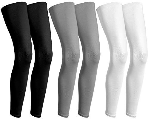 Geyoga 3 Pairs Compression Leg Sleeves Full Length Long Knee UV Protection Sleeves for Outdoor Sports Cycling Football, Black, White, Grey, XL