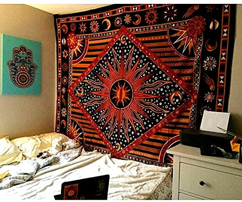 raajsee Sonne und Mond Wandteppich Mandala Golden, Boho Wand Deko Wandtuch, Aesthetic Room Décor Tapisserie,Wandbehang Tapestry Queen 82x92 inches