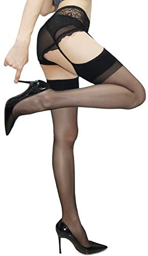 HTRUIYATY Sexy Bas Femme et Dentelle Porte-Jarretelles Set 8 Deniers Ultra Élasticité Soyeux Collant Noir