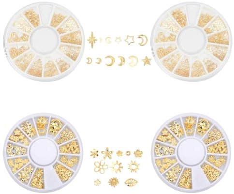 SUNNYCLUE 4 Boxen Stern Mond Sonne Schneeflocke Harzfüller Charms Messing Epoxidharz Zubehör Kosmos Epoxidharz Füllstoffe Für Nail Art Dekoration Zubehör Sammelalben Basteln Gold