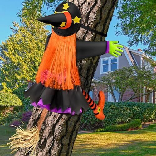 Halloween Decorazioni Grande Crashing Witch Into Tree - 100cm H Strega che si schianta Addobbi Halloween Esterno per Autunnale cortile patio portico Decorazione per albero