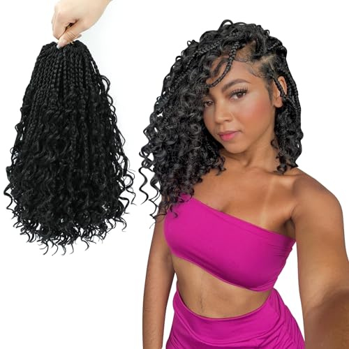 8 Packs Bob Crochet Braids Hair with Curly Ends 10 Inch Crochet Box Braids Pre-Looped Crochet Braiding Hair for Women Goddess Boho Box Braid Hair Extensions (1B)