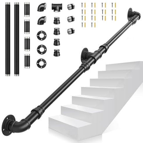 Handlauf für Treppen, VAYOTOY 1/1,5/2/3m Handlauf Schwarz Handlauf Treppengeländer Innen Aussen mit Rutschfestem, Rostfreiem, Industriellem, Verzinktem Stahlrohr für Einfache Installation