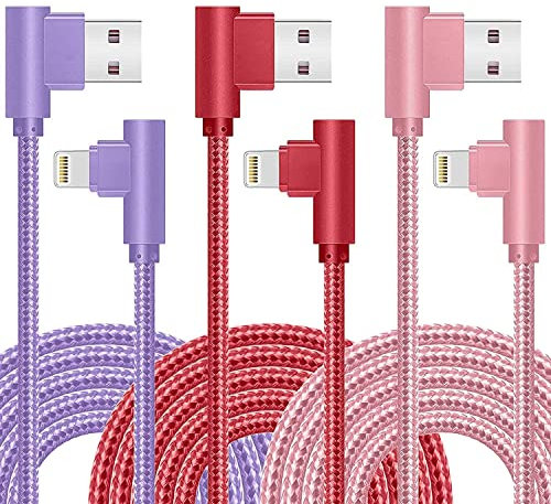 MAIMEITE iPhone Charger Cable,3 Pack 3M/10FT 90 Degree Right Angle Fast Charging Cable [MFi Certified] Nylon Braided iPhone Lead Cable Compatible With iPhone 14/13/12/11 Pro/MAX/XR/XS/8/7/6S/SE