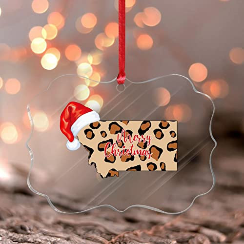 Montana Weihnachtsbaum Ornament Wild Leo Muster Leopard Haut Rund Weihnachtsbaum Ornament USA Amerika Karte Geschenk Acryl Weihnachtskugel für Xmas Tree Dekoration