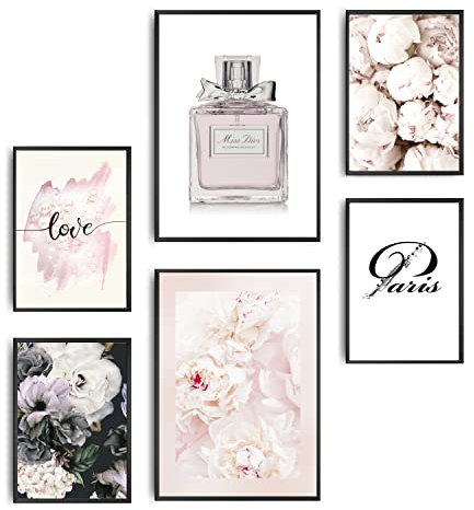 decomonkey | 6er Poster Set OHNE Bilderrahmen | Fashion Blumen Abstrakt | 4 x DIN A4 & 2 x DIN A3 | Wohnzimmer Schlafzimmer Wandposter Blider Collage Modern Wanddeko Natur Paris Mode Rose Love