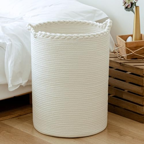 Homlikelan 72 l gewebter Wäschekorb, Baumwolle, hoher Weidenkorb für Decken, Kleidung, Kissen, Spielzeug, Schuhe, großer Wäschekorb, weiß