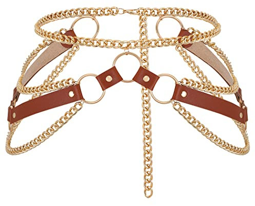Zookey Punk Körperkette Braun Leder Wsita Kette Gürtel Gothic Gold Layered Taillengürtel Rave Körperkette Schmuck für Frauen und Mädchen, braun, M