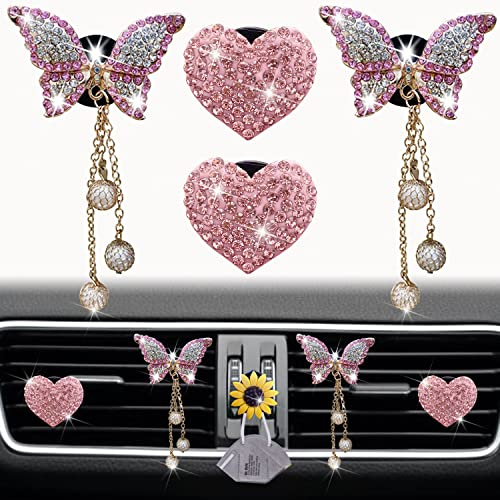 Pink Heart & Butterfly Pandent Air Vent Clips, 4 Pcs Bling Heart Air Fresheners Vents Clips Diamond Car Interior Decor Bling Cute Car Accessories + Sunflower Mask Hook