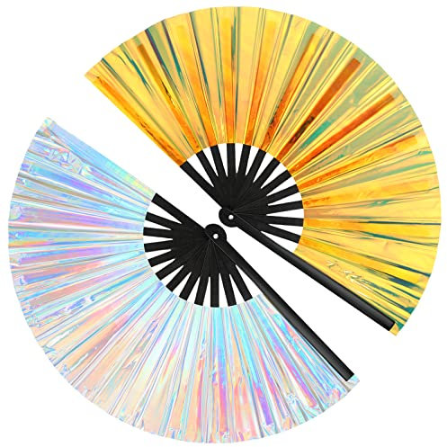FairySandy 2 Pieces Holographic Rave Fan Hand Fans for Women Bamboo Fan Large Folding Fans for Festivals, Decorative Holding Fans Rave Accessories Silver Gold