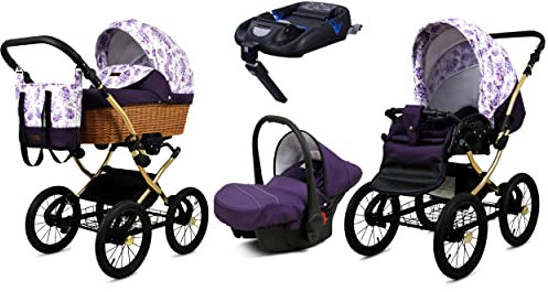 BabyLux Kinderwagen 4in1 mit Autositz für Kleinkinder – Kinderwagen für Neugeborene und Kleinkinder –– Baby Neugeborenen Kinderwagen – ISOFIX Autositzbasis – Max 15kg – Lilac Flowers Gold Frame