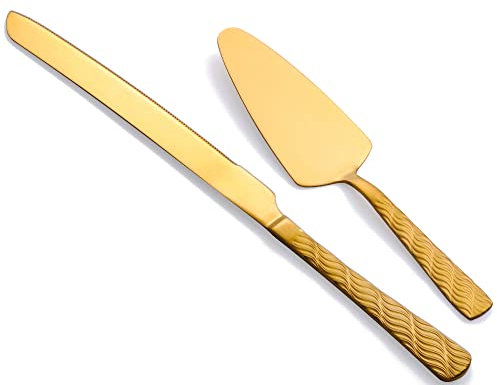 FULLYWARE Goldene Kuchenschneide-Set, Edelstahl-Kuchenmesser- und Server-Set, Kuchen-Pie-Schneideset für Hochzeit, Geburtstag, Party