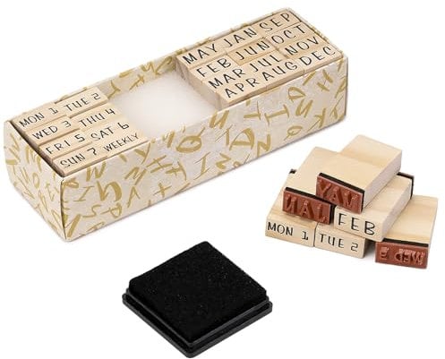 Toptime Holzstempel, 20 Stück Stempel - 12 Monate und Wochentage mit Stempelkissen, Vintage Stempelset mit Aufbewahrungsbox, Gummistempel für Tagebuch, Planer, Scrapbooking, Kartengestaltung