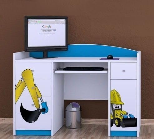 Happy Babies Kinderschreibtisch 125x89x60 Klein Arbeitstisch Büro weiß Blau Computertisch mit Tastaturablage Kindermöbel mit Schubladen Motive Bagger