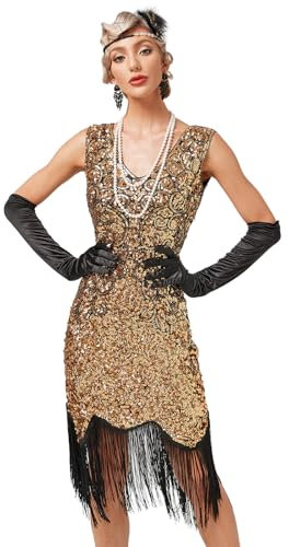 Damen 1920er Jahre V-Ausschnitt Pailletten Fransen Kleid Flapper Charleston Kleider Cocktailkleid Partykleid Gatsby Pailletten Quasten Abendkleid 20er Jahre Kost?m AbschlussballKleid Gold + Schwarz S