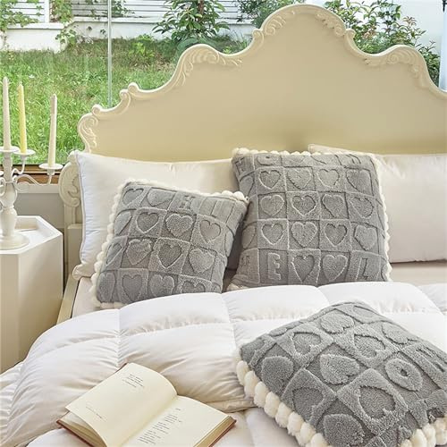 Surwin Sherpa Kissen und Decke 2 In 1 Reisen, Liebesherz Jacquard Auto Kissen Decke/Kissen Decke Flugzeug/Verwandlungskissen Decke, Steppdecke Zierkissen Wohndecke (150x195cm,Hellgrau)