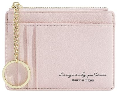 Sugeru Portemonnaie Damen Mini,Kleine PU Leder Geldbörse mit Reißverschluss,viele Fächer,Schlüsselanhänger,Zipper Portmonee mit 8Kartenfächern,Schmal Minimalistischer Kartenetui (Rosa)
