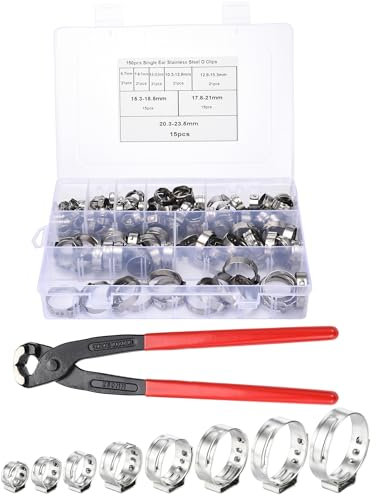 ACBungji Einzelohr Stufenlos Schlauchschellen Set 150 Stücke 6-23,5mm 304 Edelstahl Schlauchklemme 8 Größen mit Zange Ohrklemmenzange Spannwerkzeugsatz für Ohrschellen