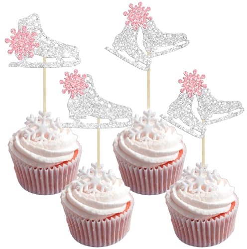 Gyufise 24 Stück Eislauf-Cupcake-Topper Glitzer Schneeflocke Eissport Thema Cupcake Picks Babyparty Kuchen Dekorationen für Skaten Thema Kinder Geburtstag Party Supplies Rosa, UKZN0571-P
