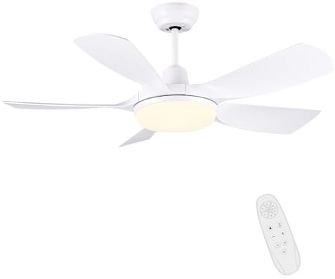 Newday 42inch White Ceiling Fan with Lights and Remote Control, Diammable LED Lights, 5 ABS Blades, Quiet DC Motor, 6 Speeds, Memory Function for Bedroom Living Room Patio