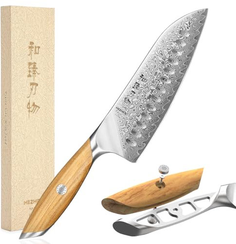 HEZHEN Damast Santokumesser Kochmesser 73 Schichten Damastmesser Küchenmesser mit Olivenholz Griff