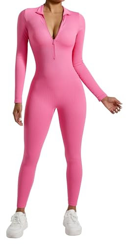 RXRXCOCO Gerippte Langarm Jumpsuits Damen mit Reißverschluss Eng Rundhalsausschnitt Einteiler Bauchweg Sport Yoga Overall Romper Rose Rosa XL