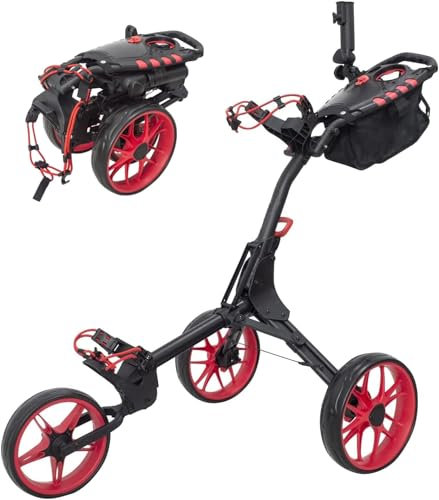 Newfly Golftrolley mit 3 Rädern, Ultraleicht, zusammenklappbar, mit Fußbremse, einfach zu öffnen und zu schließen, Golfwagen, mit Schirmhalter und Aufbewahrungstasche, Rot (Red)