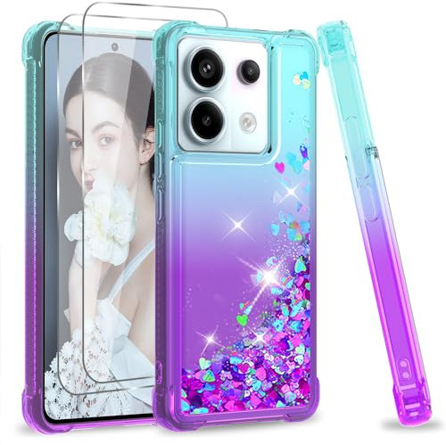 LeYi Funda para Xiaomi Redmi Note 13 Pro 5G con [2-Unidades] Cristal Templado Protector Pantalla, Silicona Purpurina Brillante Carcasa, Transparente Gel Bumper TPU Fundas Case Cover, Verde/Morado