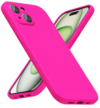 LoeoeL for iPhone 15 Phone Case Silicone, Fluorescent Neon Hot Pink Bright Color Matte TPU, Minimalist Ultra Thin Slim Soft Rubber Gel Girly Cute Case for Women Men, Camera Cover Protection