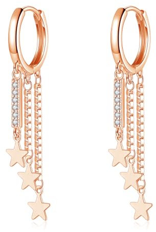 Loutade Silver Chain Hoop Earrings with Sterling Silver Tassel and Flat Star Dangle, Small CZ Rose Gold Drop Earrings with Long Tassel Chain Star