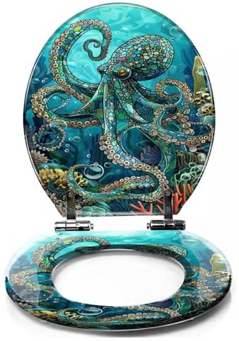 DERUINVAIO Colored Toilet Seat with Slow Close, Teal Blue Ocean Octopus Coral Reefs Resin Toilet Seats, Easy to Install, Easy to Clean Heavy Duty Deluxe Toilet Seat