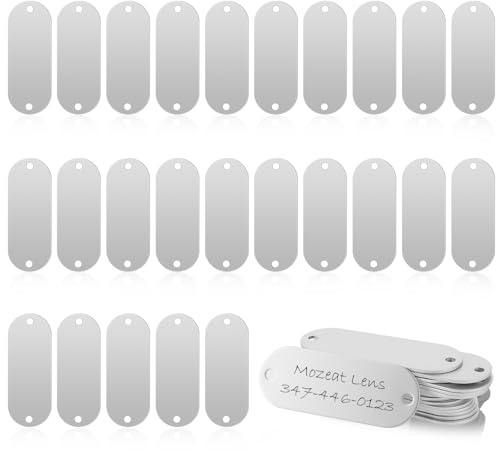 25 PCS Aluminum Blanks, Silver Laser Engraving Blank Keyring Pendants Stamping Blanks Oval Metal Tags with 2 Holes for Jewelry Tag, Pet Id Tags, Metal Dog Tag, DIY Leather Art Craft Projects